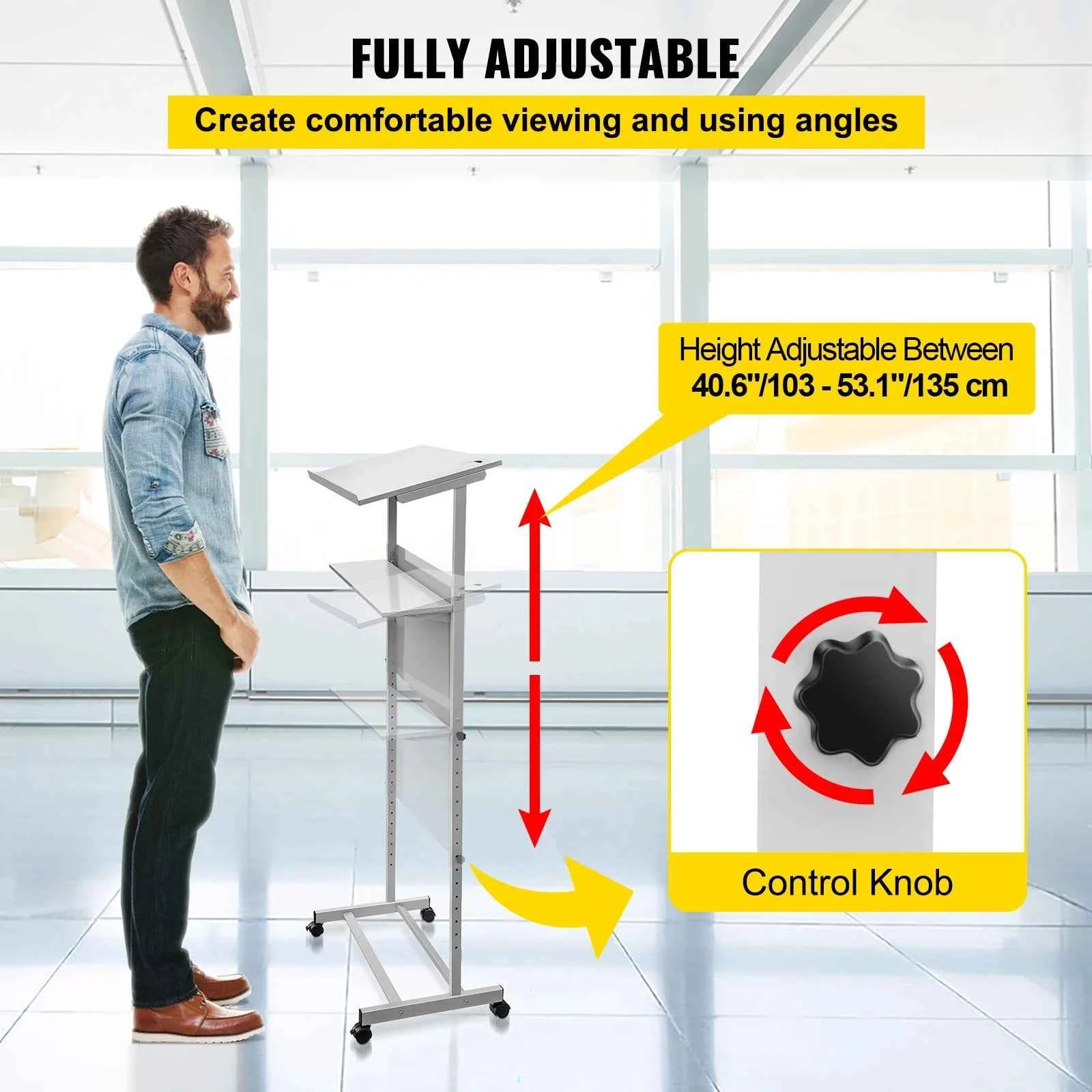 Height Adjustable Portable Standing Lectern with Casters and Storage Shelf
