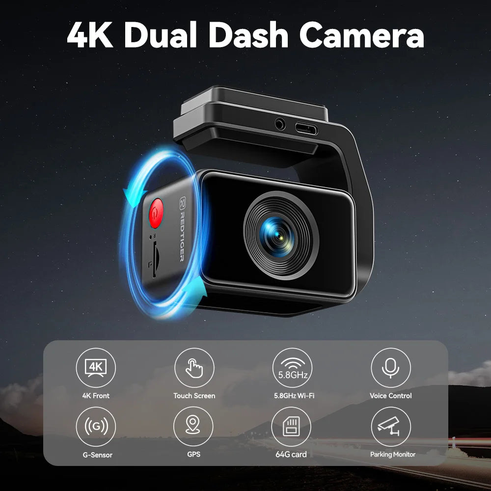 4K Front Dash Camera with GPS, WiFi, Night Vision