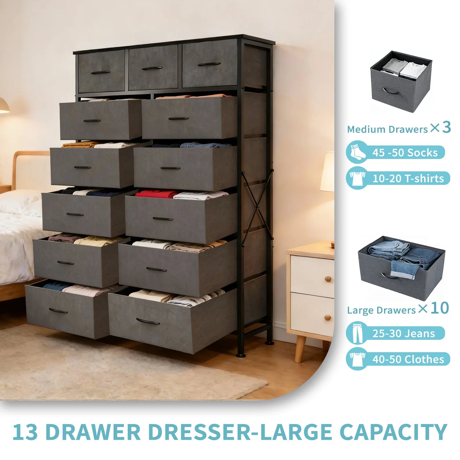 13 Drawer TV Stand Storage Cabinet with Steel Frame & Adjustable Feet