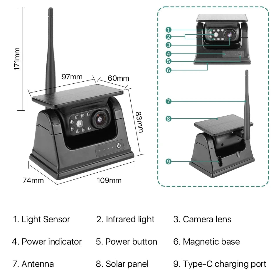 Solar Powered WiFi Magnetic Wireless Rear View Camera for iPhone AndroidRVs Trailers Trucks -1080P IR Night Vision Compatible