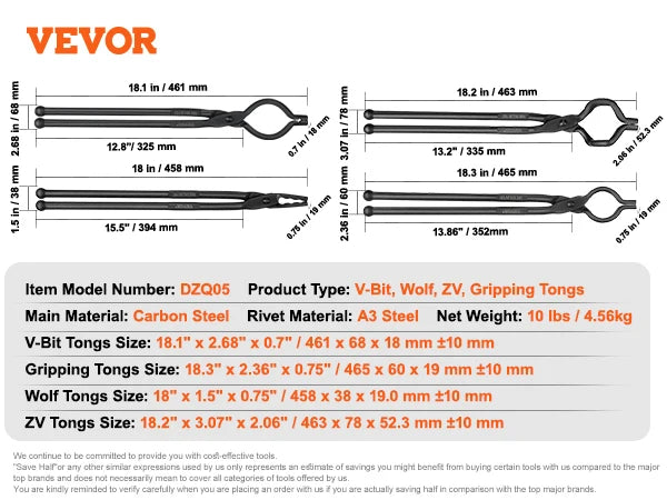 VEVOR Blacksmith Tongs Set – 18-Inch Carbon Steel Forge Tongs