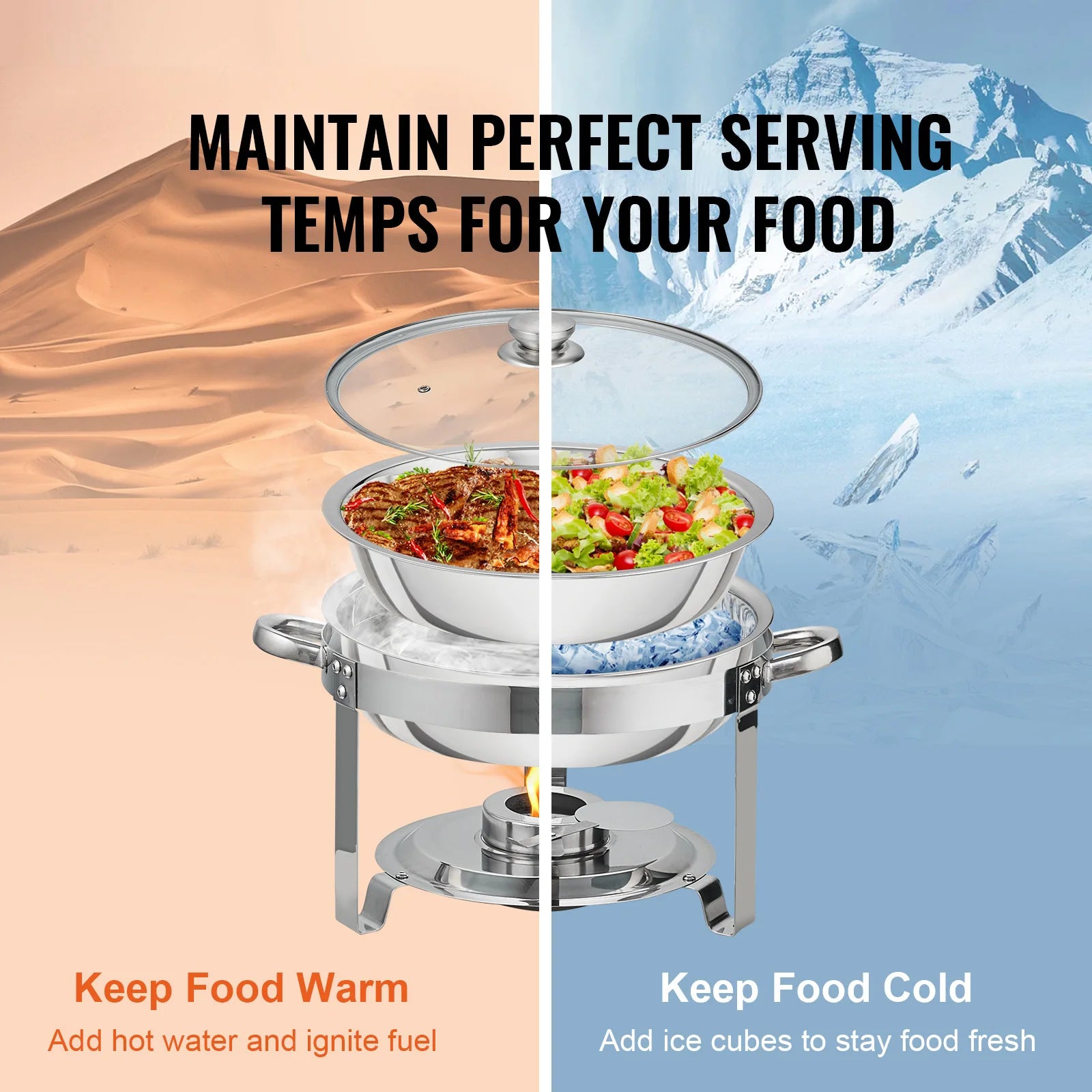 4 Qt Round Chafing Dish Buffet Set with Glass Lid (2 Pack)