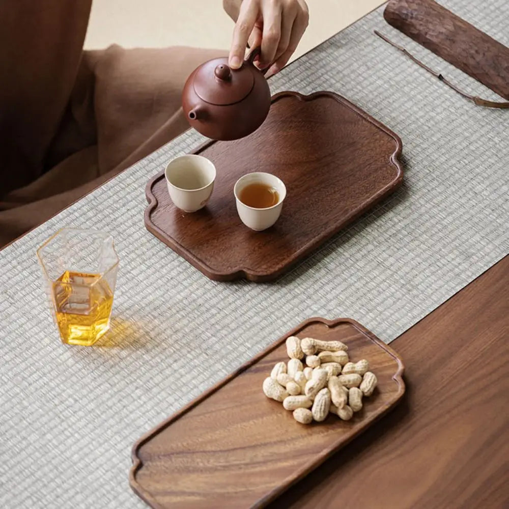Walnut Round and Leaf Tea Tray, Retro Wooden Serving Platter