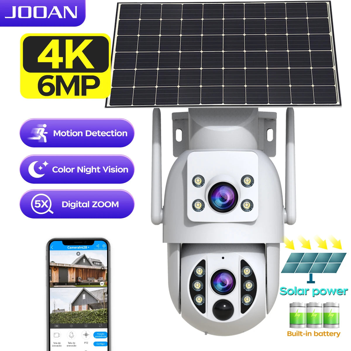 JOOAN 4K Solar Security Camera Wireless Outdoor Dual Lens Solar IP Camera PIR Color Night Vision Auto Tracking Battery CCTV Cam