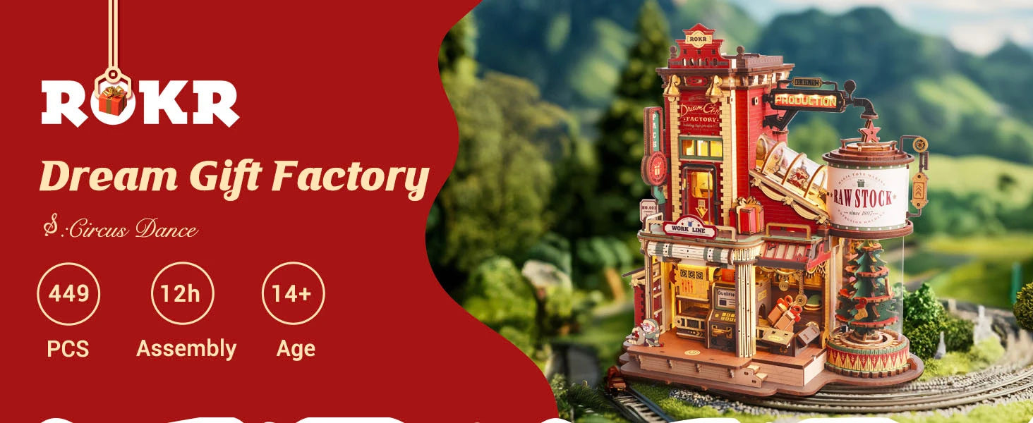 Robotime Rokr Scatola Musicale in Legno Sogno di Natale Regalo Fabbrica Puzzle 3D