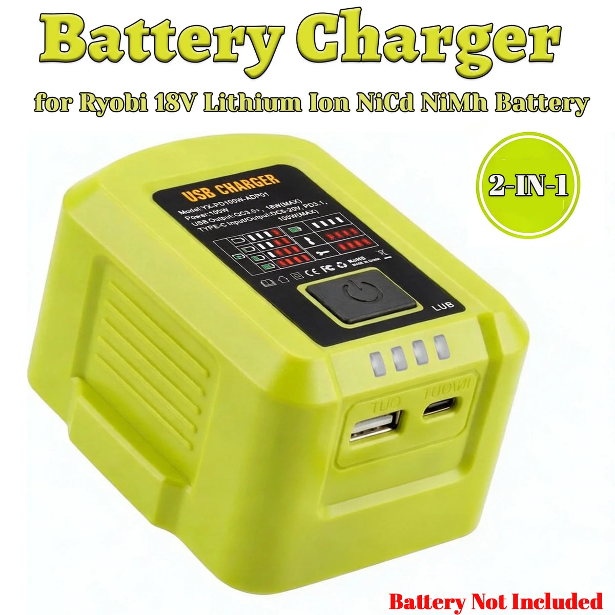 100W bærbar USB-batterioplader til Ryobi ONE+ 18V - USB-C og USB-A
