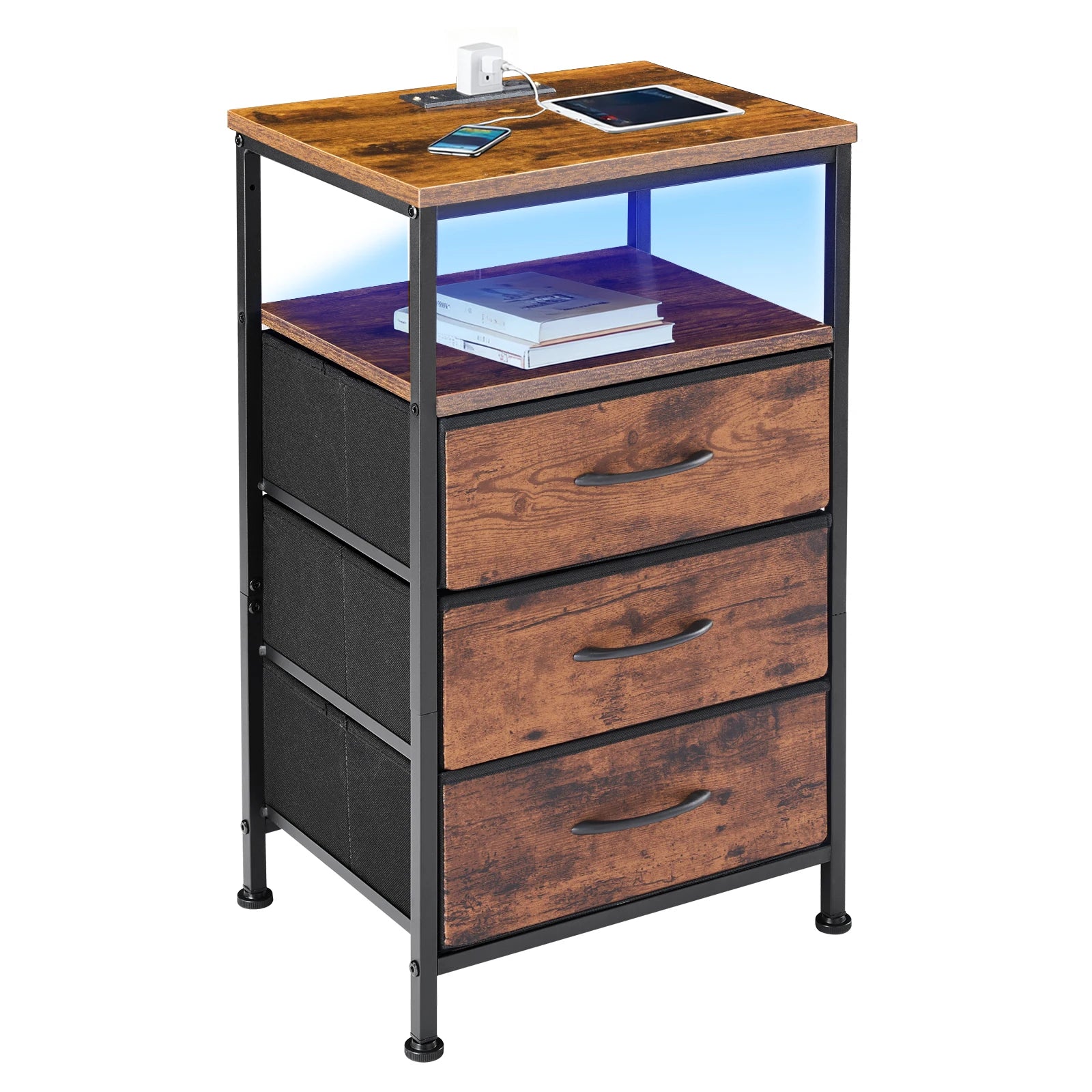 Nightstand with Charging Station, LED Light & 3 Fabric Drawers