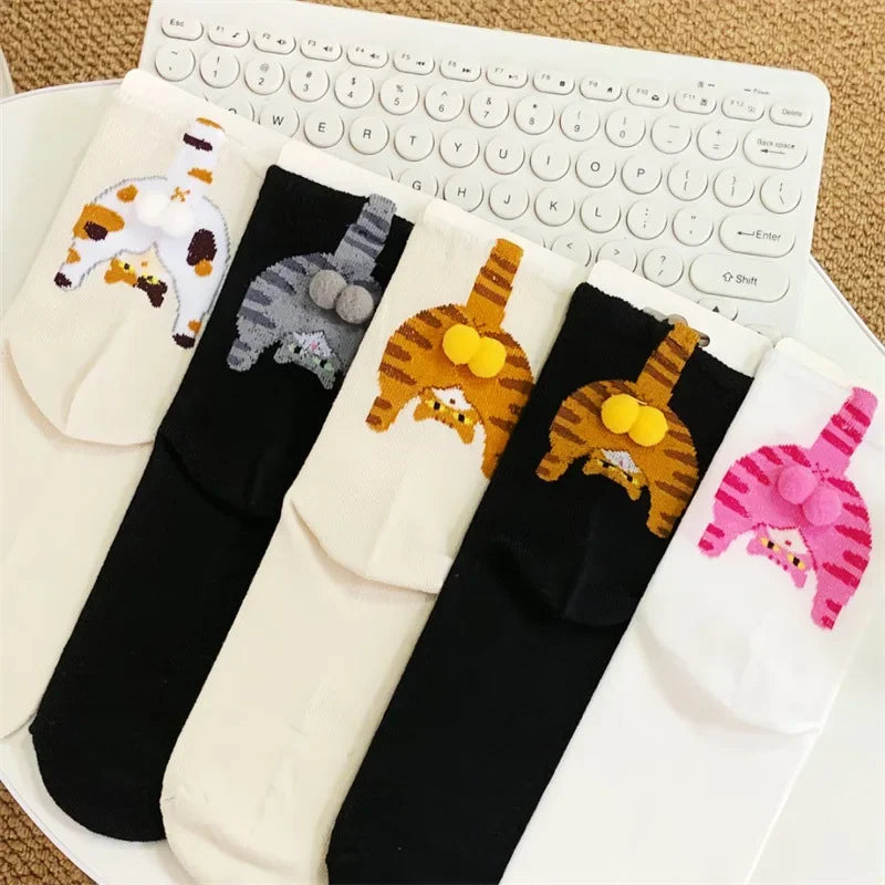 Cartoon Cat Egg Couple Socks Cozy Mid-Calf Cotton for Maternity Warm Winter Cute Present for Christmas Cat Lovers Family