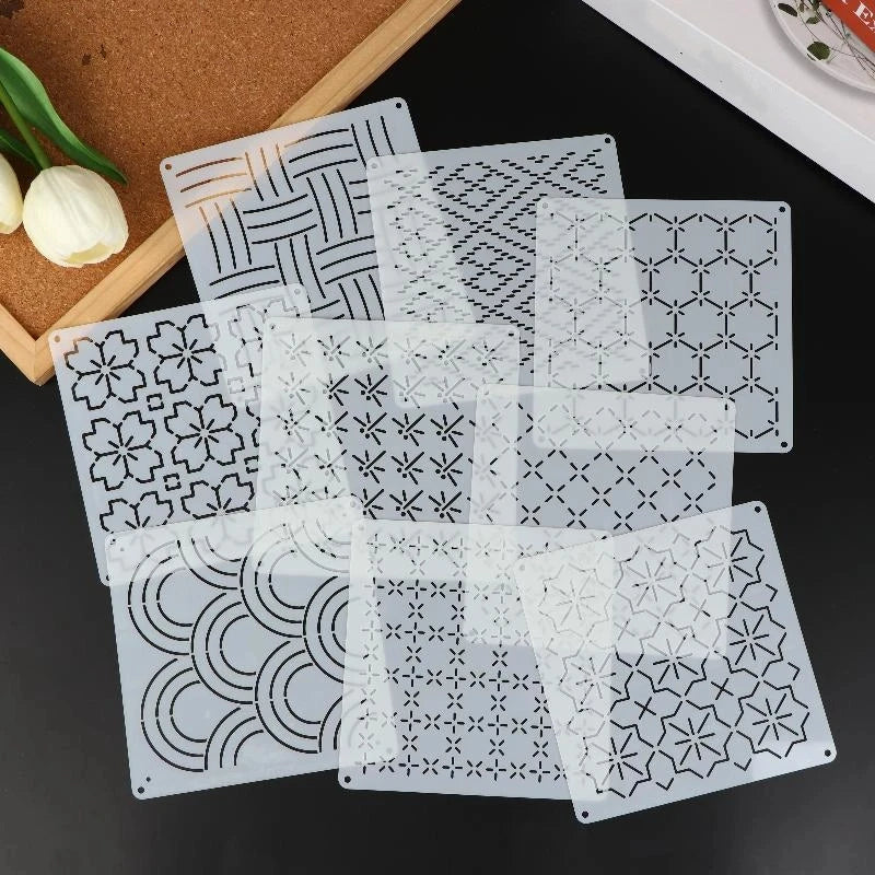 Herbruikbare Sashiko-stijl borduurtemplates — 9 of 32 stuks