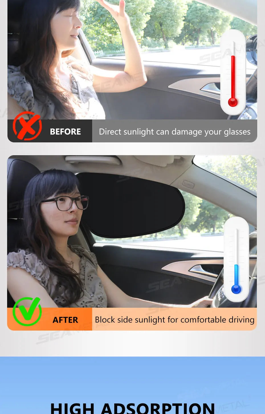 SEAMETAL Electrostatic Curtains for Car Side Window 4-Layer Sun Protection Cover Foldable Car Sun Shade 99.9% UV Ray Blocking