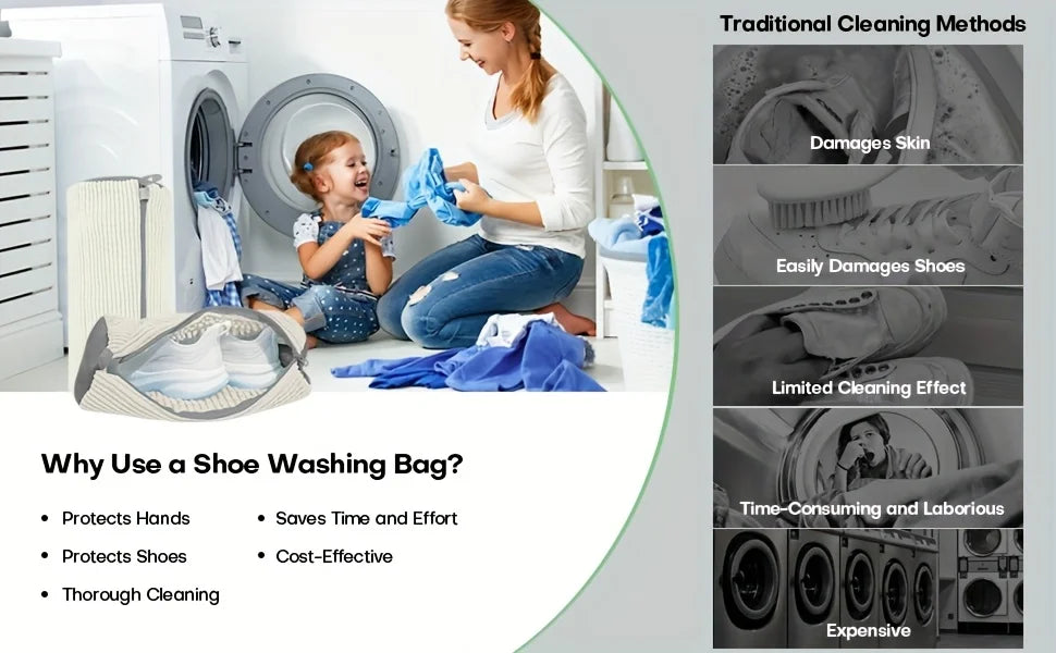 Fluffy Fiber 360° Surround Cleaning Shoe Washing Bag - Reusable Durable Machine-Washable Laundry Bag with Zipper Closure(1pc)