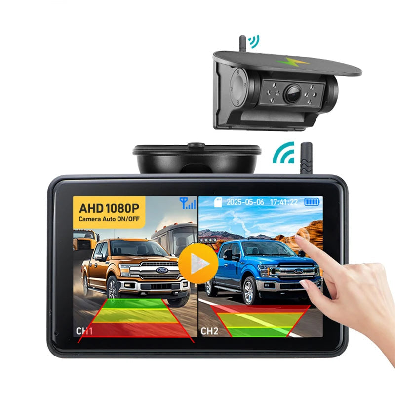 7'' Magnetic Solar Charging Wireless DVR Camera with 1080P Touch Monitor BSD Blind Spot Alarm, for Truck/RV/Trailer/Forklift