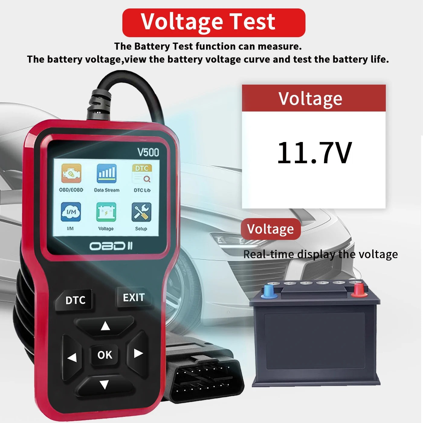 Car OBD2 Scanner Diagnostic Tool Code Reader, Car Voltage Tester Engine Fault Code Scanner, Charging Tester Diagnostic Tool V500
