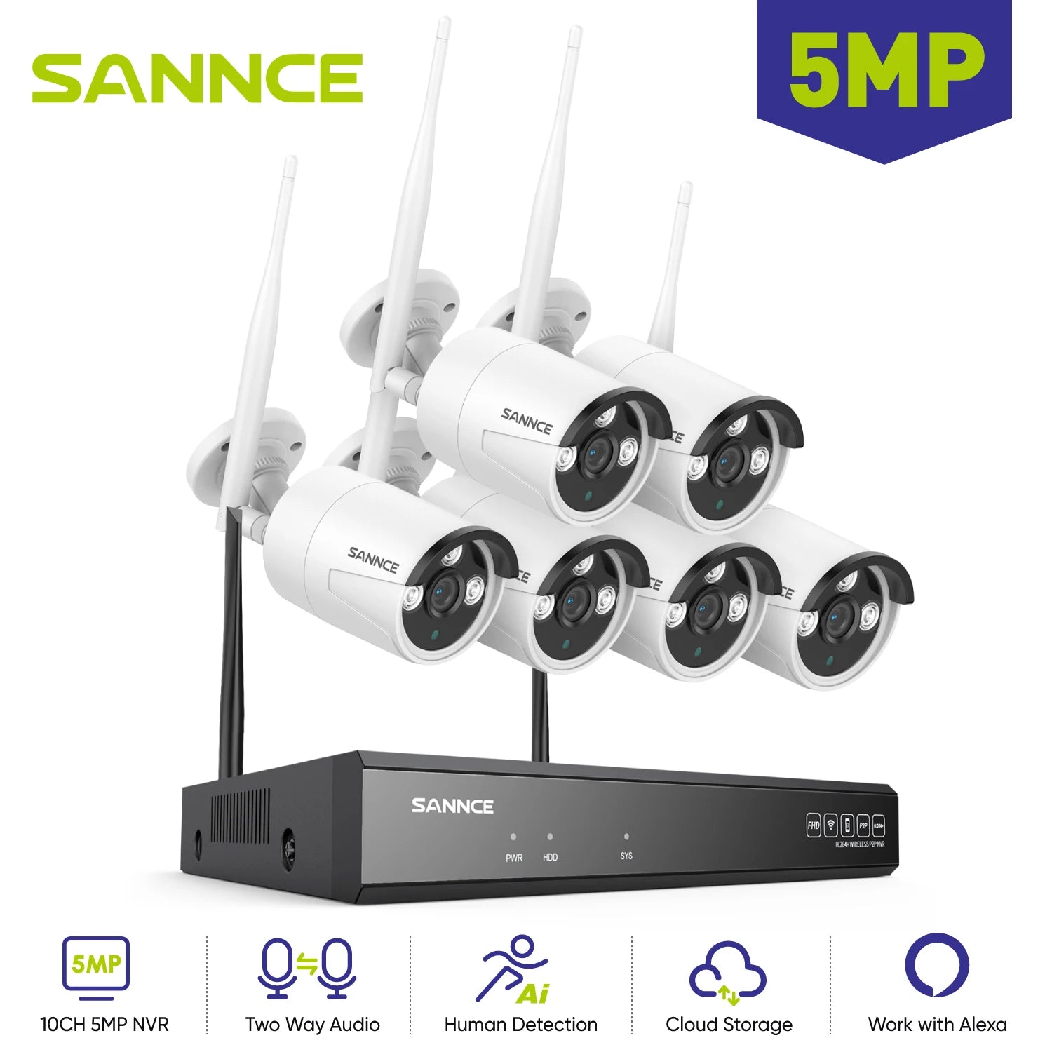 6-Pack 5MP Wi-Fi Outdoor Security Camera Kit with 10CH NVR