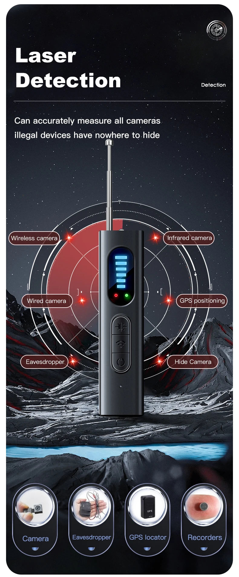 Detector de Câmera Oculta Antiespião Dispositivo de Rastreamento de GPS para Carro, Escuta, Bug, RF, Scanner de Sinal All Inalámbrico, Gadget de Proteção e Segurança
