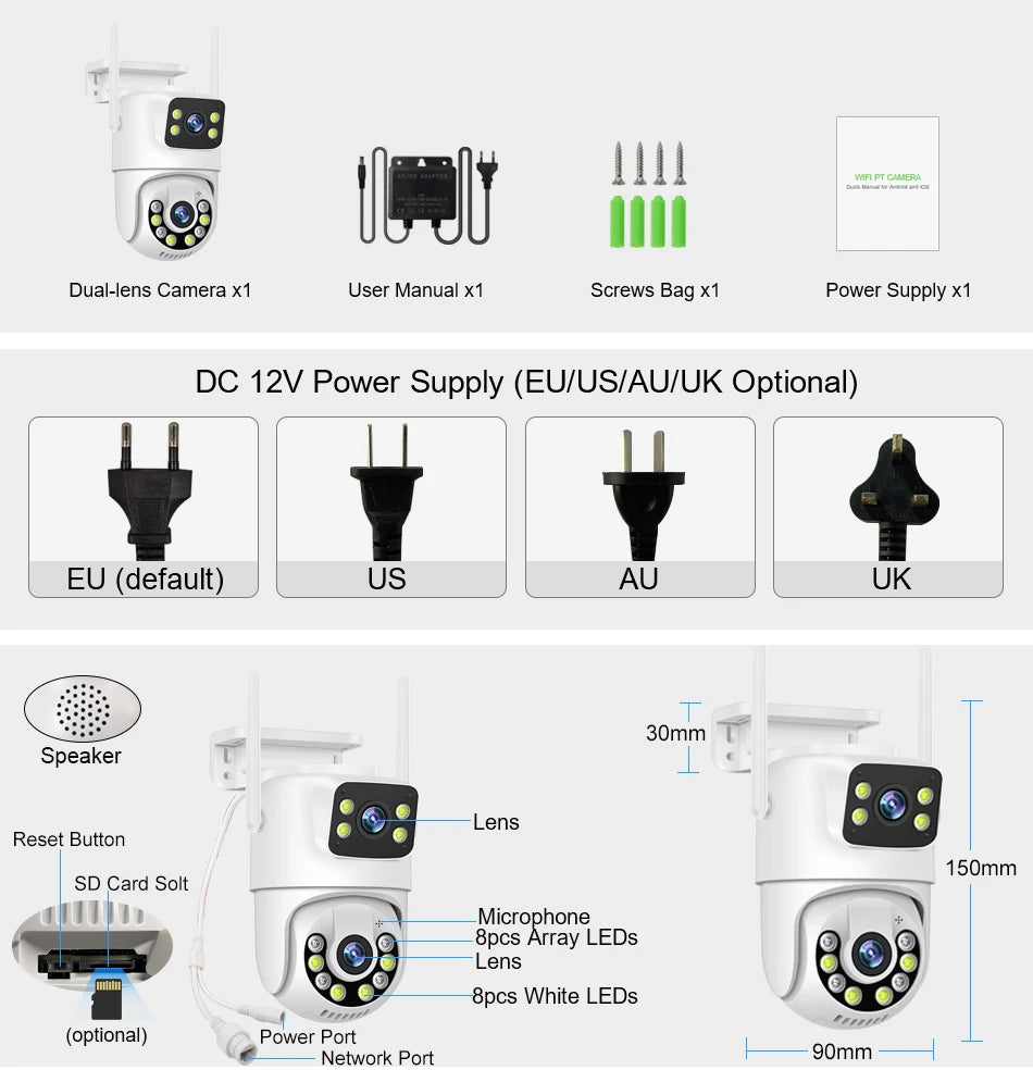 6MP PTZ WiFi IP Camera Dual Lens Dual Screen Outdoor Security Camera