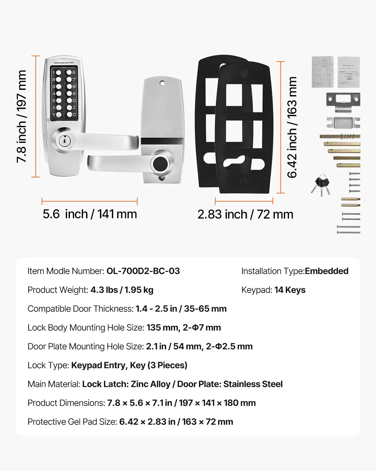 Mechanical Keyless Entry Door Lock with Auto Lock & Keypad