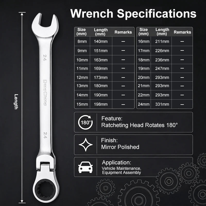 Combination Ratchet Wrench 72 Teeth 180 Rotating Head Open End Spanner Alloy Steel Chrome Mirror Polished 8-24mm Mechanic Tool
