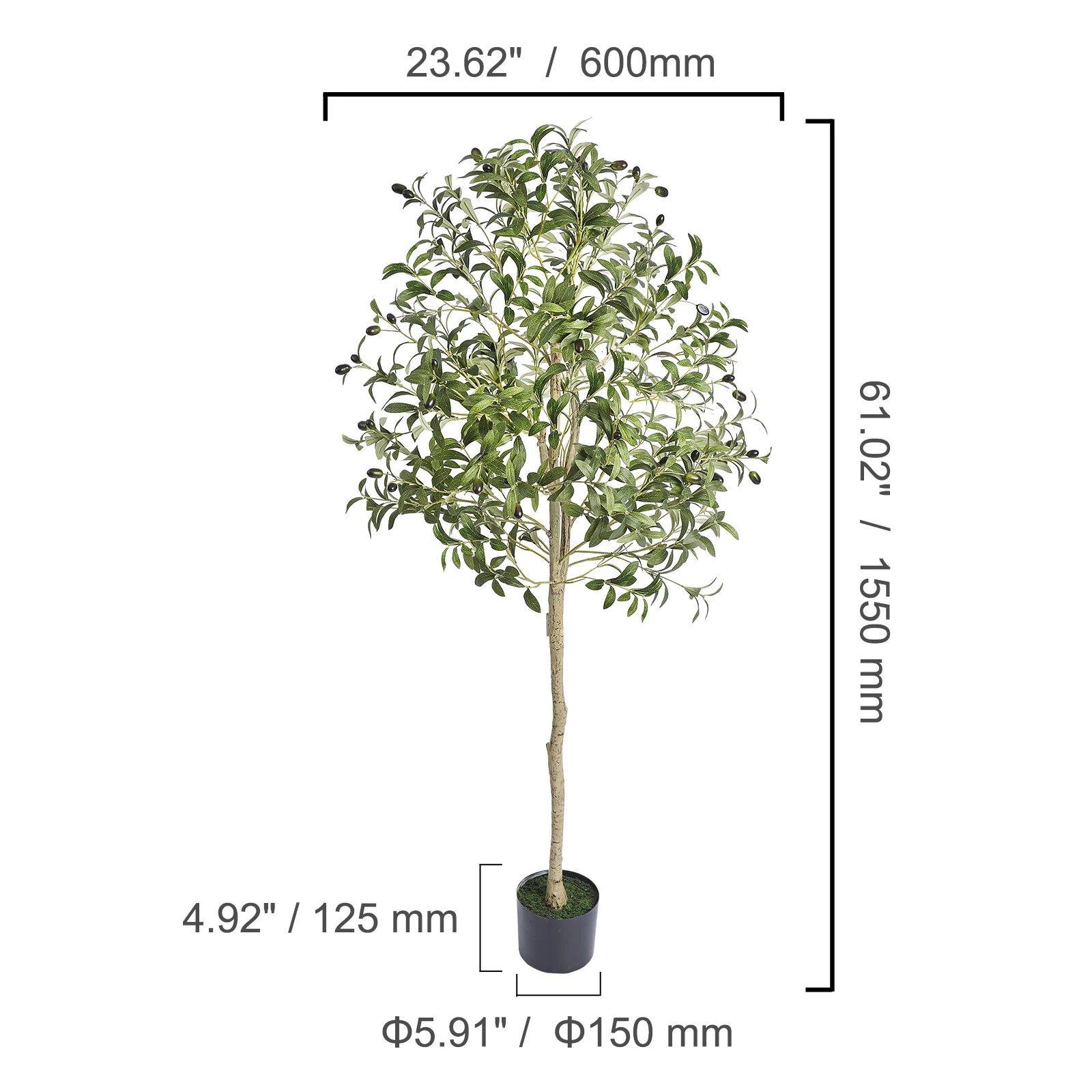 Arbore artificial SucceBuy Olive Înalțime 5/6 ft copac fals înalt, plantă decorativă verde, realist, în ghiveci, pentru casă, birou, depozit, interior