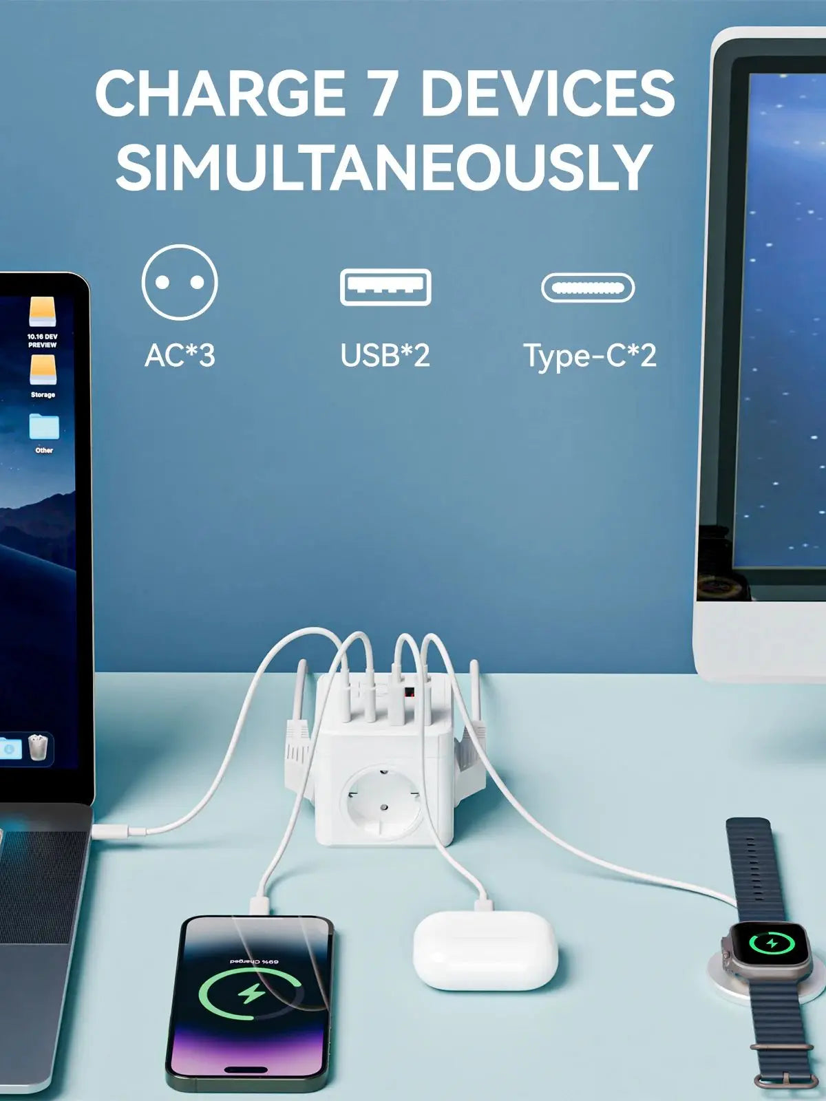 Разклонител за настолен компютър с USB-A и USB-C за ЕС