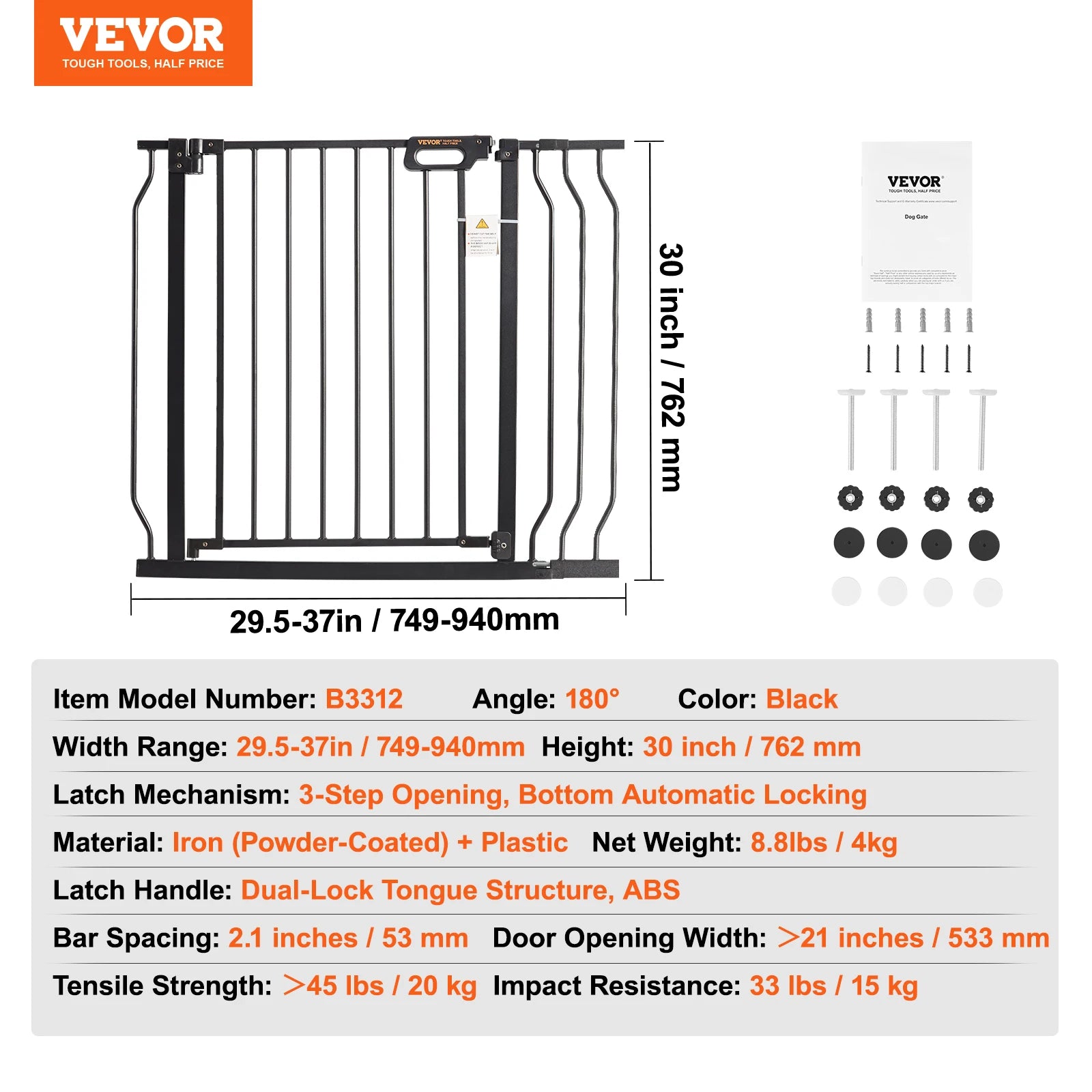 Adjustable Baby Gate with Auto-Close Door for Stairs and Doorways