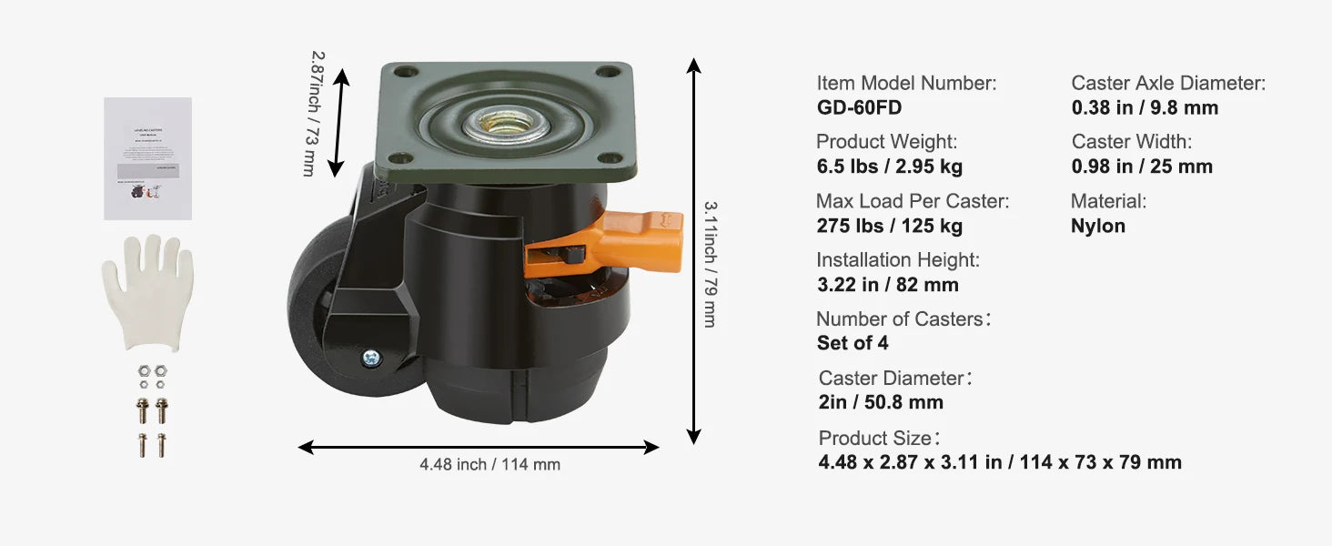 Adjustable Leveling Casters Set of 4 Heavy Duty Swivel Wheels