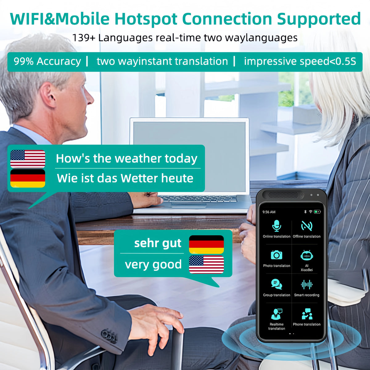 AI Voice translator 139 Languages Real Time translator Offline Photo Translation WiFi Portable translator