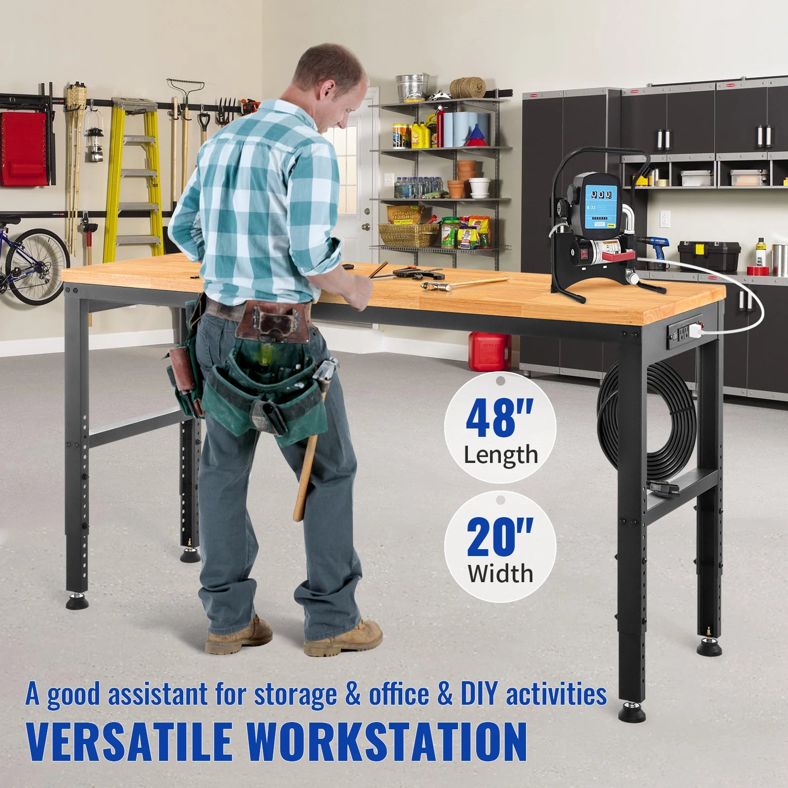Adjustable Garage Workbench 2000 lbs Hardwood Top Work Table