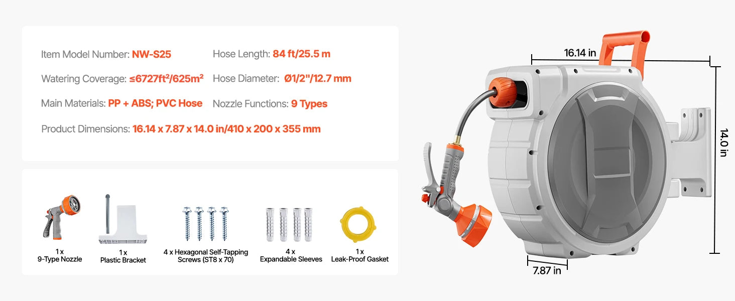 SucceBuy Retractable Garden Hose Reel - nástěnný navíjecí naviják na hadici do zahrady, těžký, s 9-pattern tryskem, otočný 180°, držák se otáčí.