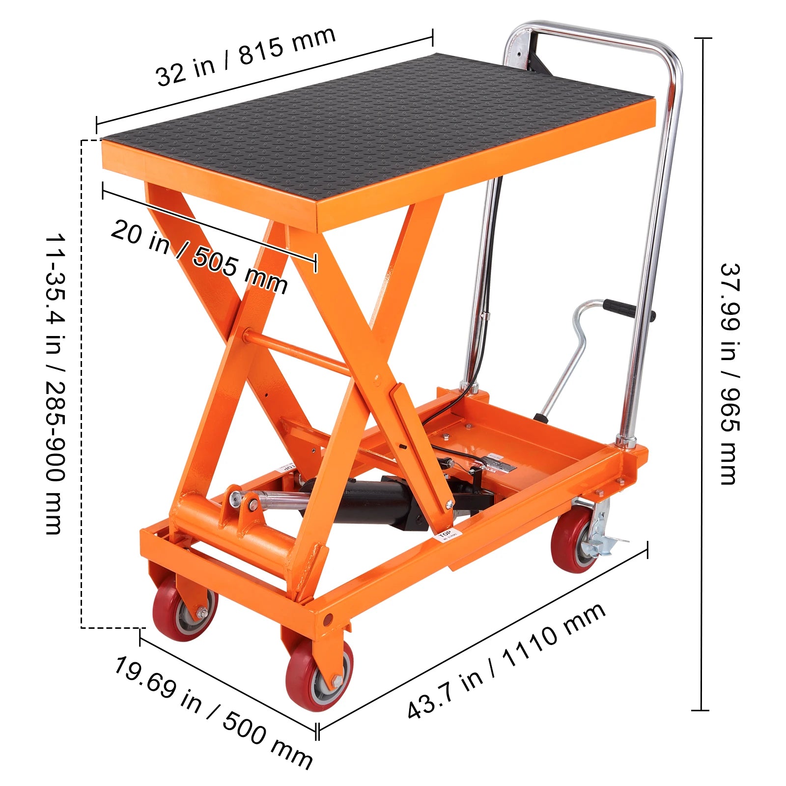 Chariot à table élévatrice hydraulique capacité 1100 lbs, levée de 35,4" avec roues