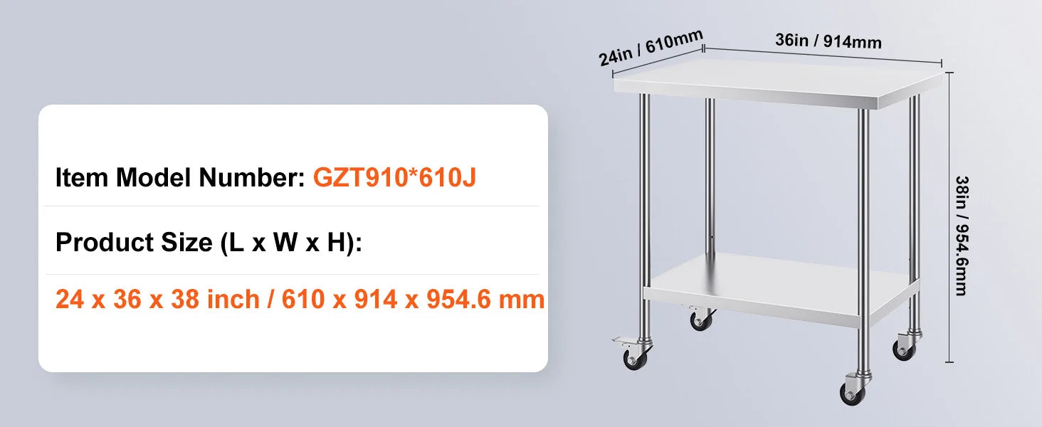 Stainless Steel Work Table with Wheels, Adjustable Shelf, 500 lb Capacity