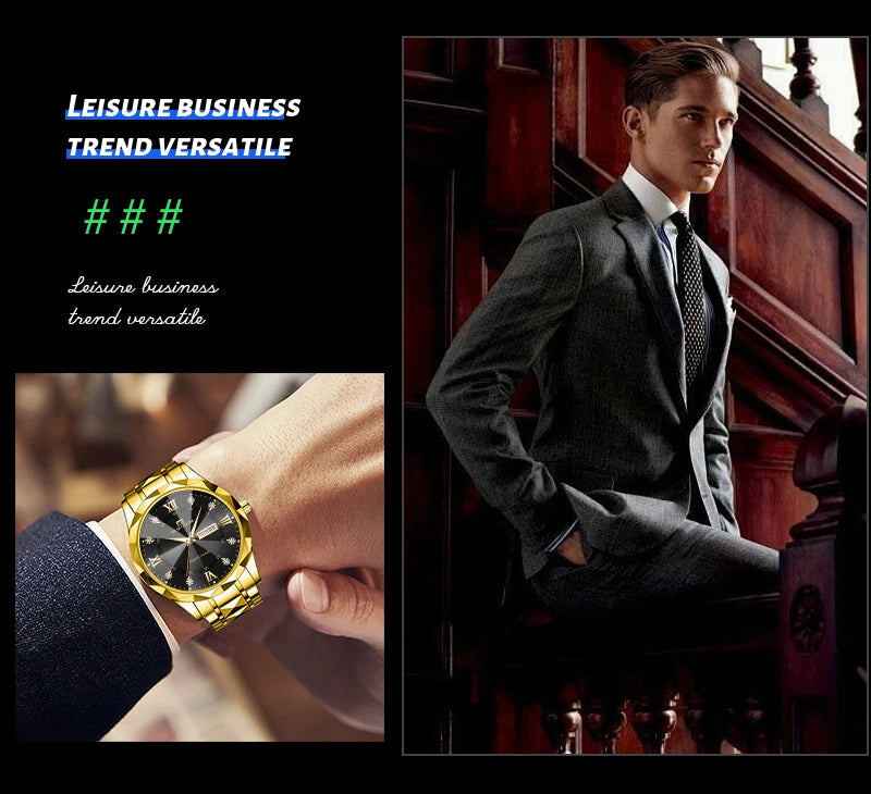 2024 New Men's Watch Fashion Rivet Stainless Steel Strap Luxury Water Diamond Diamond Luminous Blue Gold Dial Business Men Watch