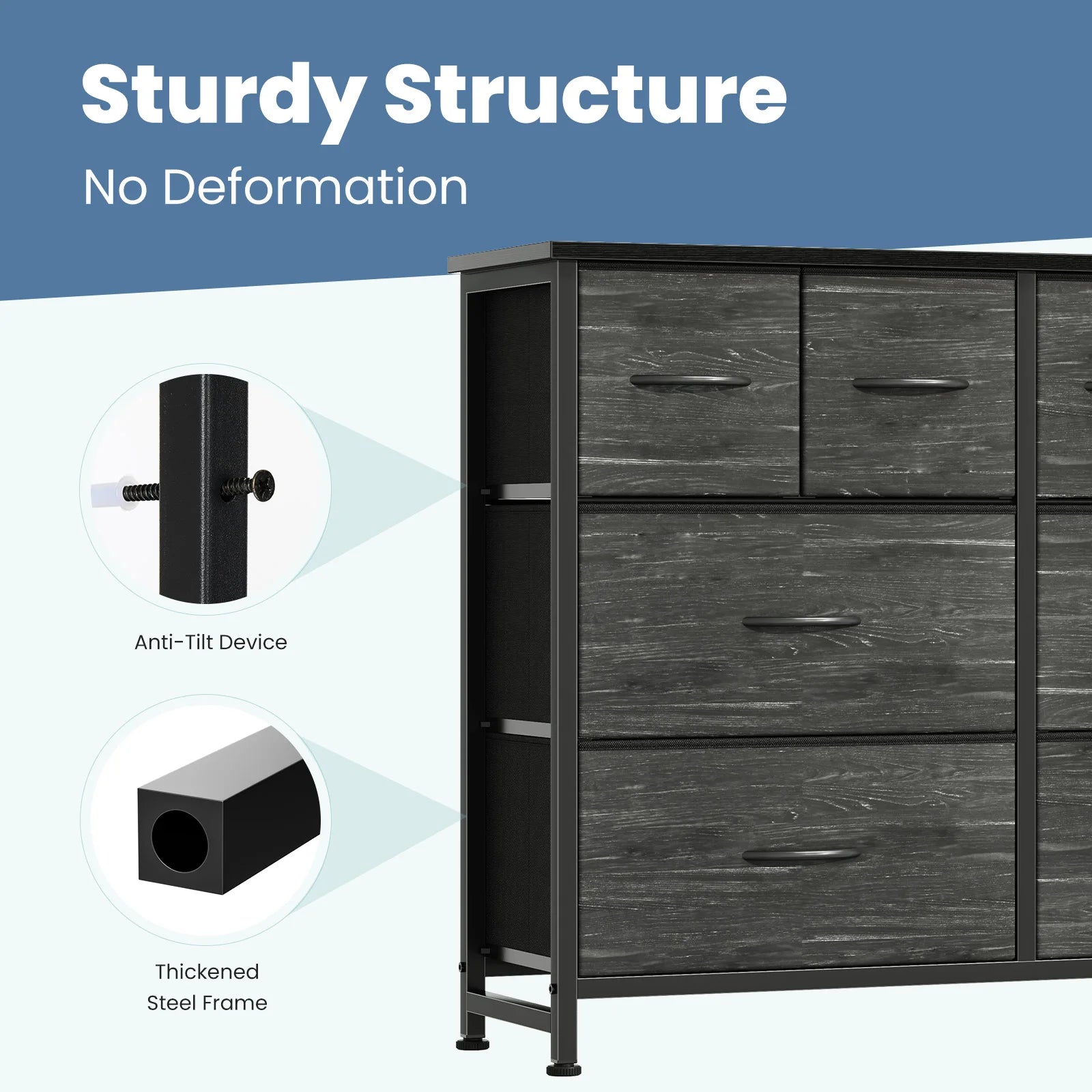8 Drawer Fabric Dresser TV Stand with Wood Top & Metal Frame