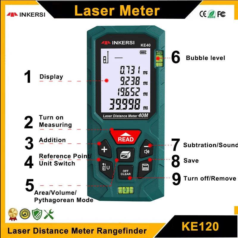 KE Series Red Laser Distance Meter, 40–120 m Options
