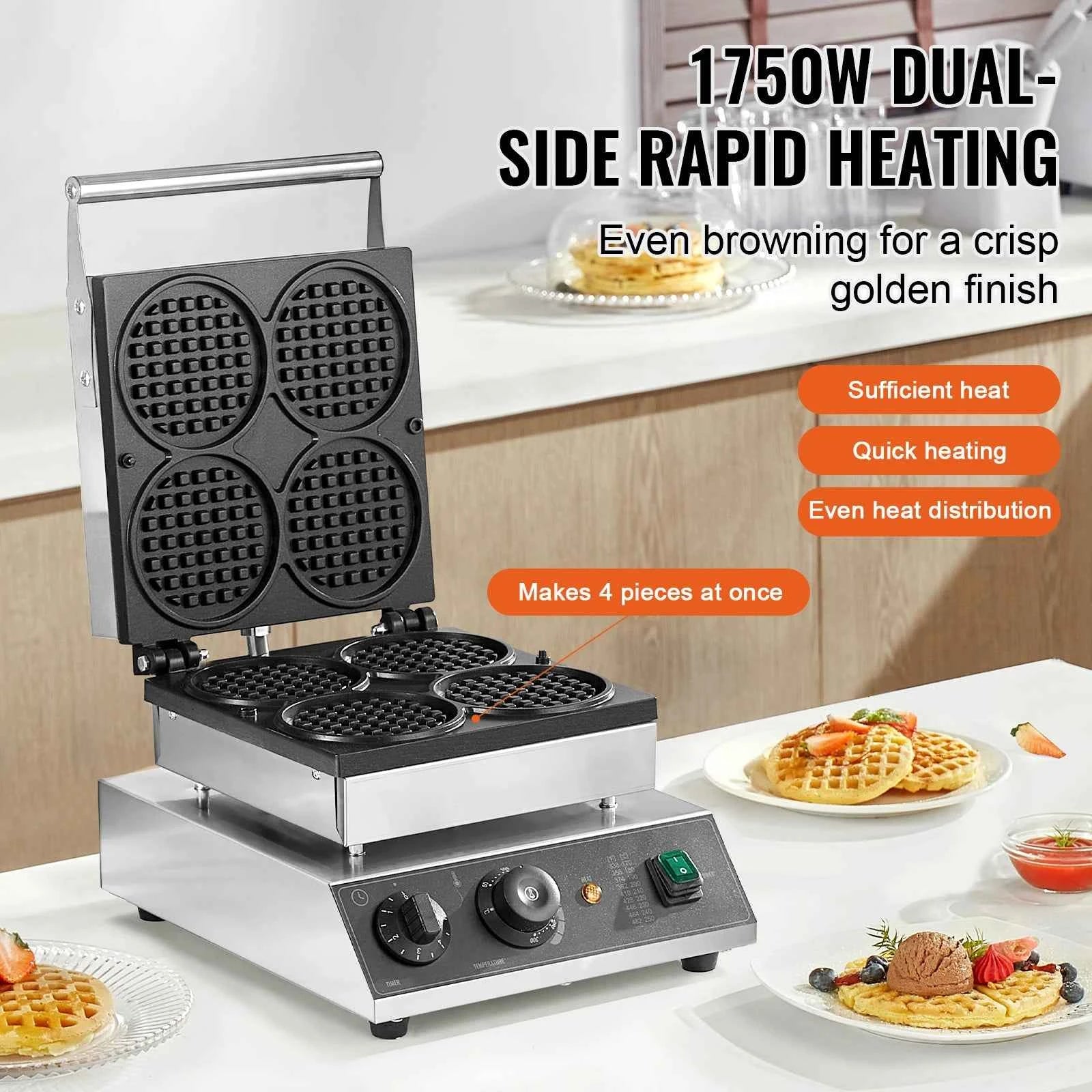 4-Piece Commercial Round Waffle Maker with Temperature Control