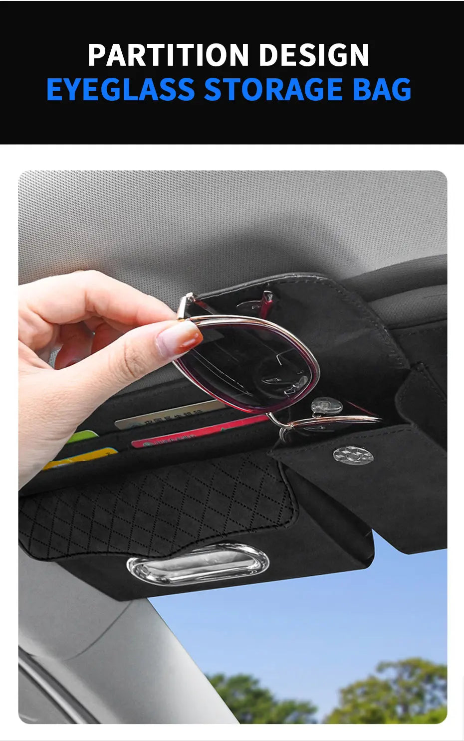 SEAMETAL Car Sun Visor Storage Bag Premium Car Organizer with Glasses Case Tissue Holder Hook and Loop Strap Storage Pocket