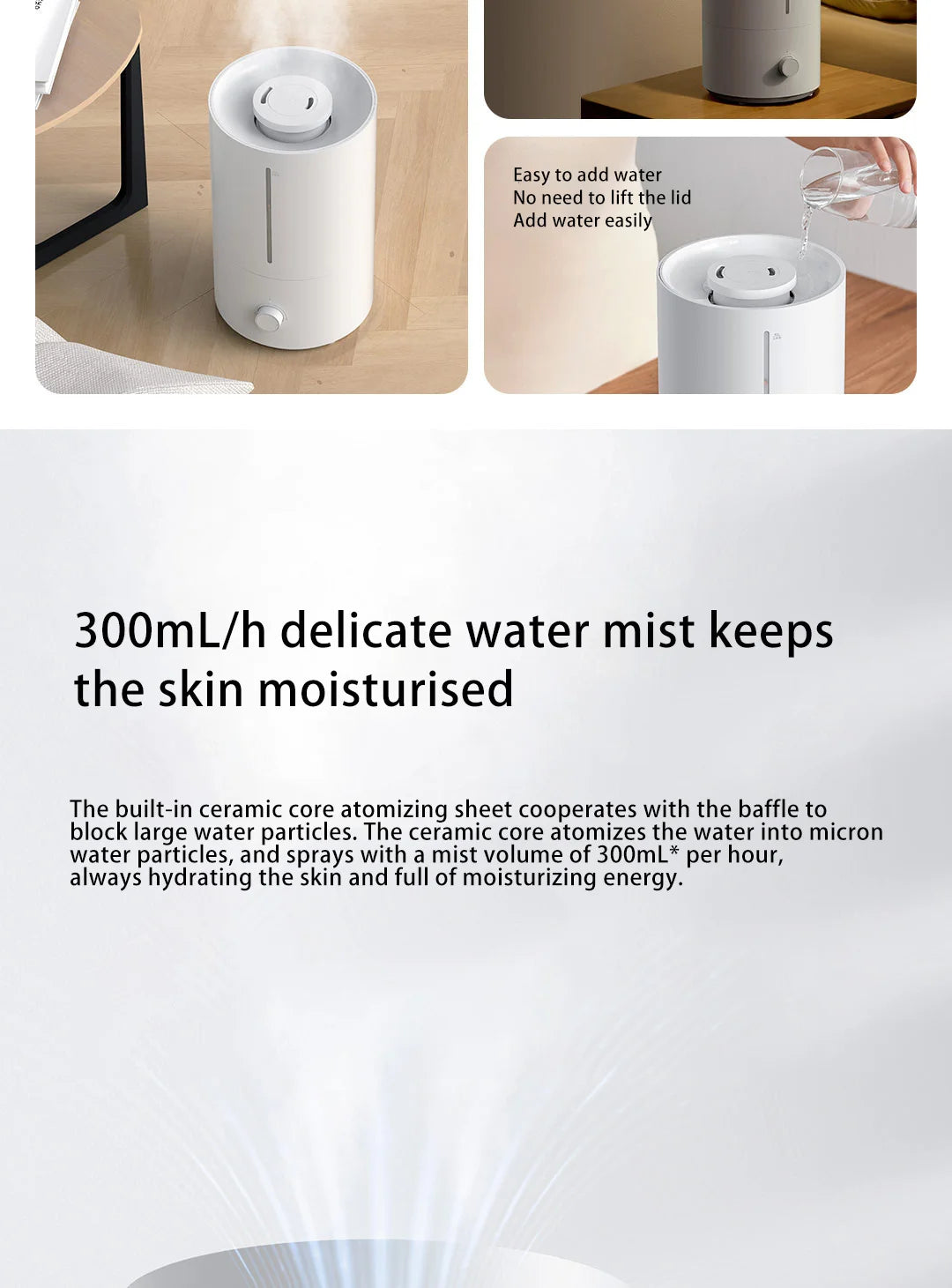 Xiaomi Luftfuktare 2 4L Tyst Dimma Luftfuktighetskontroll 300mL/h