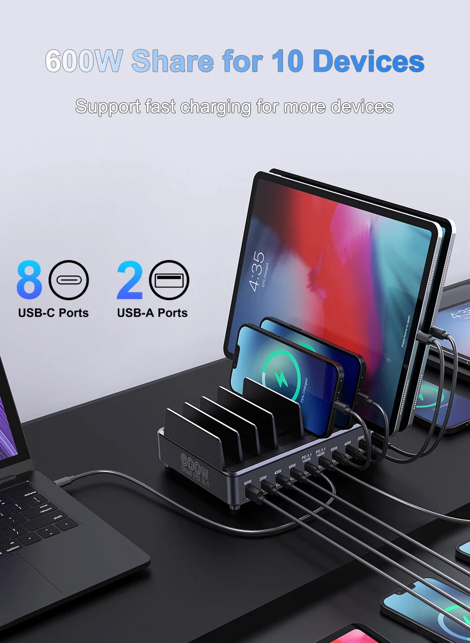 600W 10-Port GaN Fast Charging Station PD 3.1 USB-C Desktop Charger