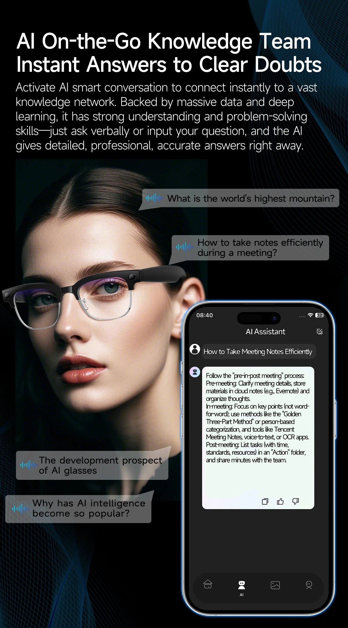 AI Smart Glasses with Camera, Calls, Translation & Audio