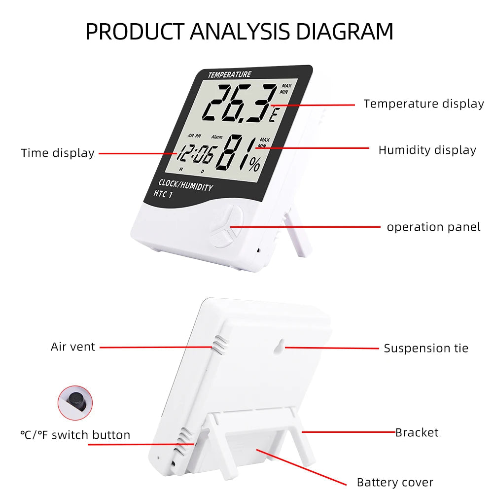 LCD Digital Temperature Humidity Meter HTC-2/HTC-1 Home Indoor Outdoor Hygrometer Thermometer Weather Station with Clock