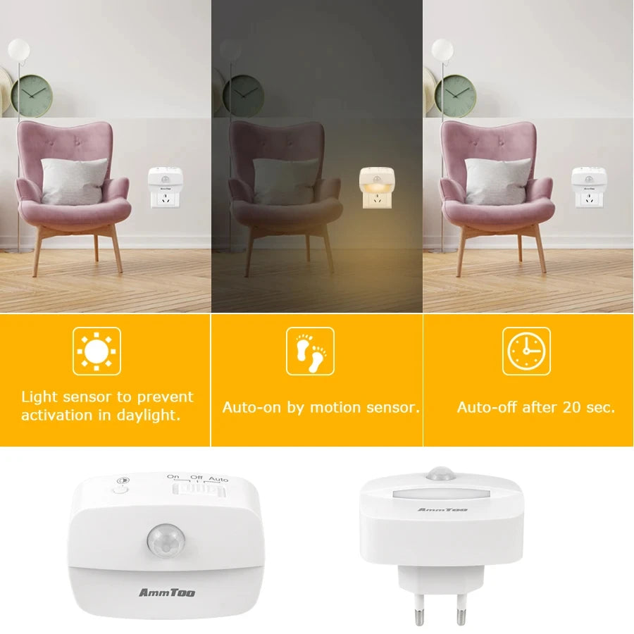 LED-natlampe med bevægelsessensor, 220 V, EU-stik, smart natlampe med bevægelsessensor, varmt og hvidt lys, to farver