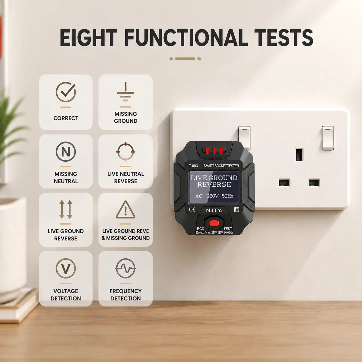 T003-UK digitale stopcontacttester met aardlekschakelaarfunctie