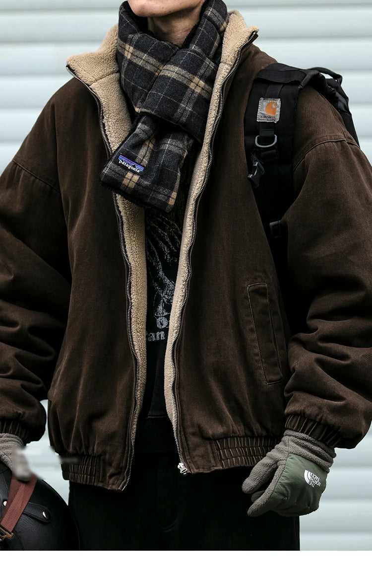 Japanese Vintage Polar Fleece Jacket Men Winter High Quality Thick Jacket Korean Streetwear Loose Couple Trendy Warm Coat Male