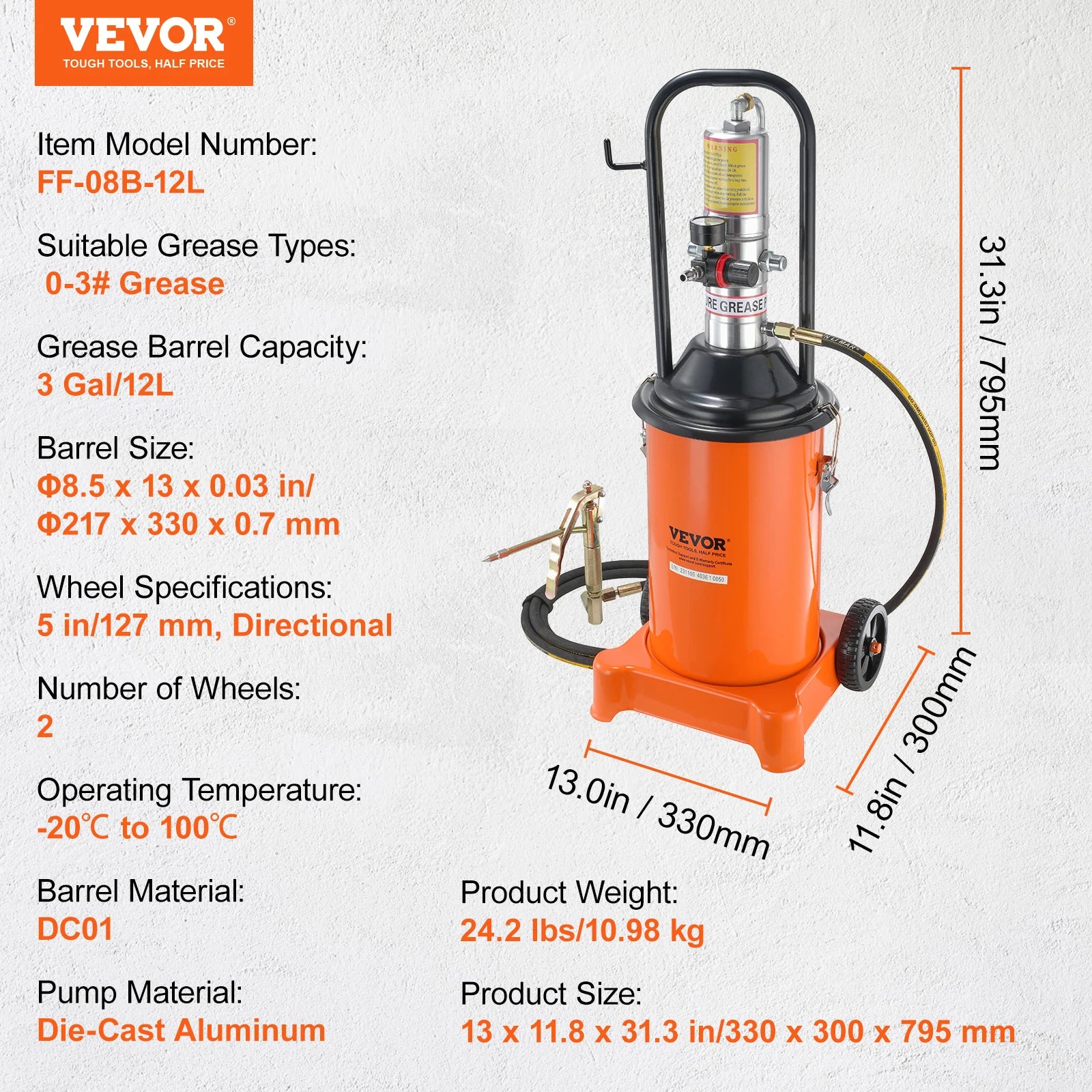 Air Operated Grease Pump with Hose and Wheels, 50:1 Ratio