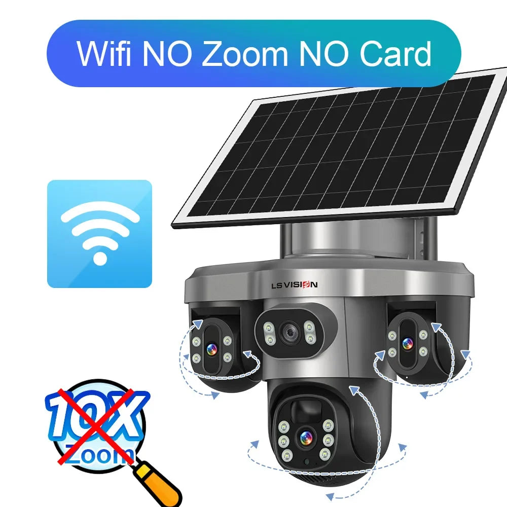 LS VISION 20MP 4 Lens Three Screen 4G Solar Camera Outdoor WiFi 10X Optical Zoom Auto Tracking Wifi Surveillance Camera V380 Pro