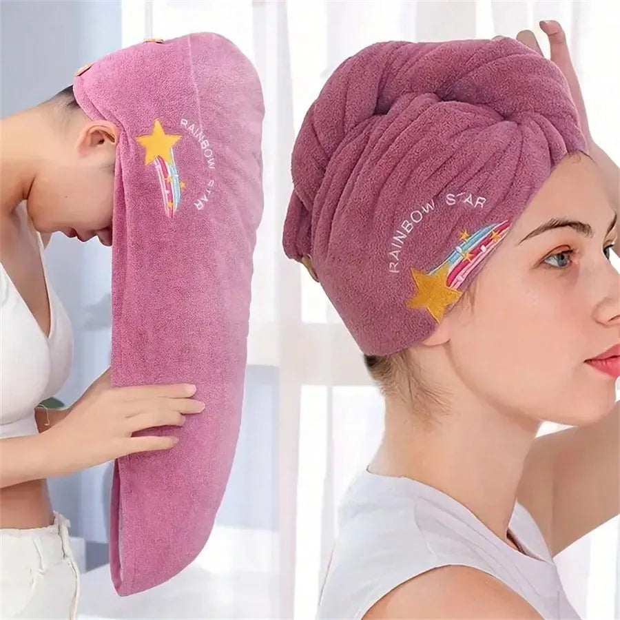 Quick-Dry Coral Fleece Hair Towel Wrap with Embroidery
