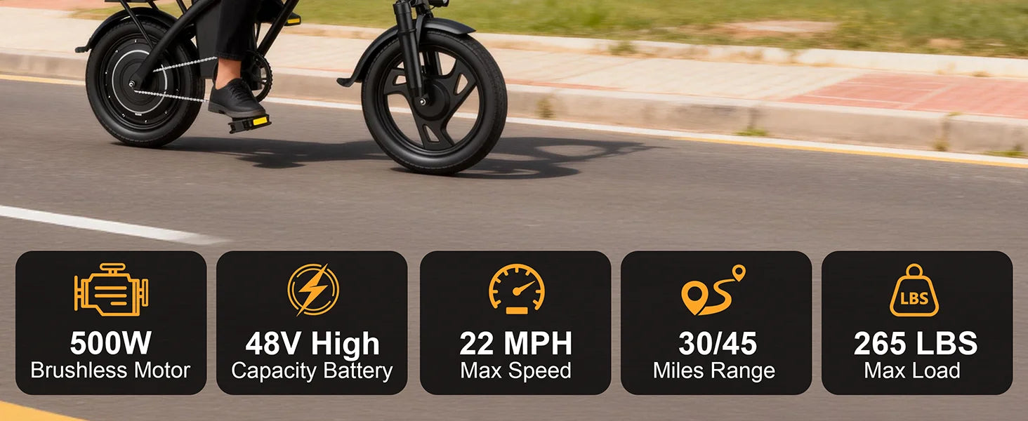 14'' Sammenklappelig Elcykel 500W 48V 22MPH Dobbelt Sæde Mini E-cykel
