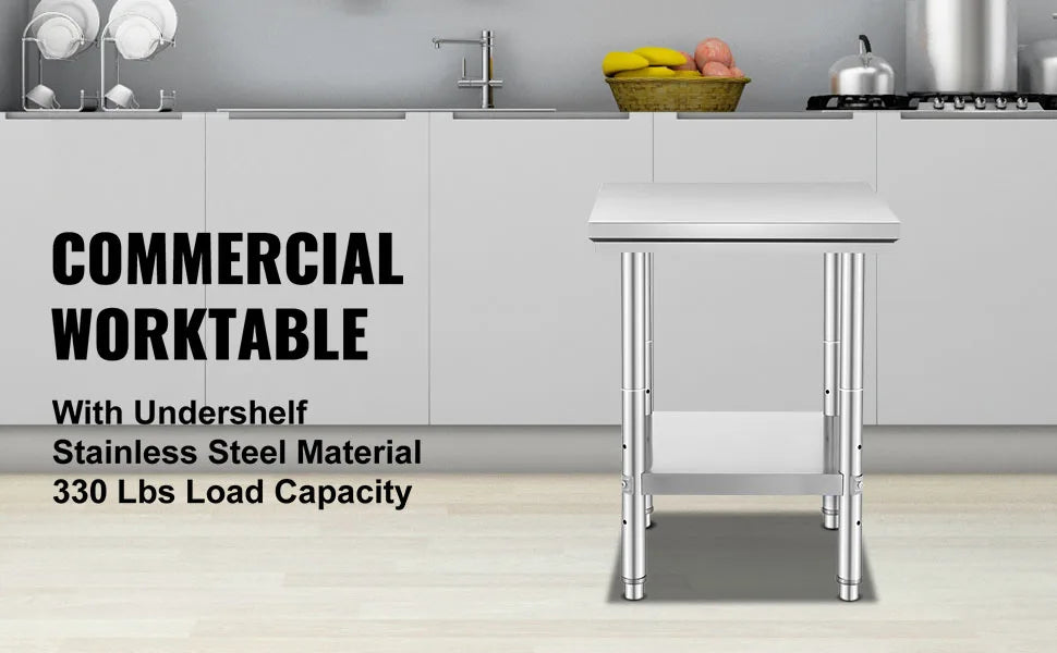 Stainless Steel Work Table with Adjustable Shelf Heavy Duty Prep Station