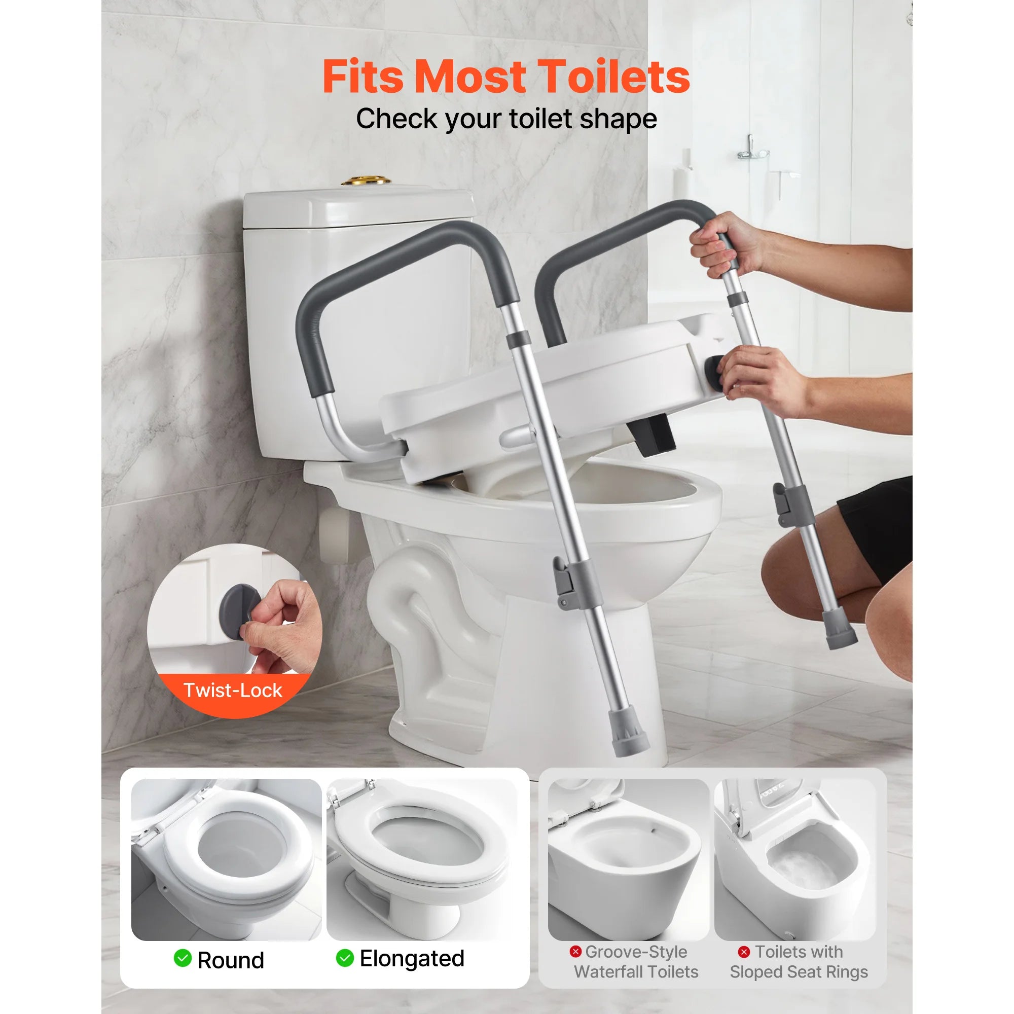 SucceBuy verhoogd toiletzitting met armleuningen, verstelbaar, draagvermogen 350 lbs, 5 inch hefhoogte met handgrepen voor senioren, ouderen en gehandicapten