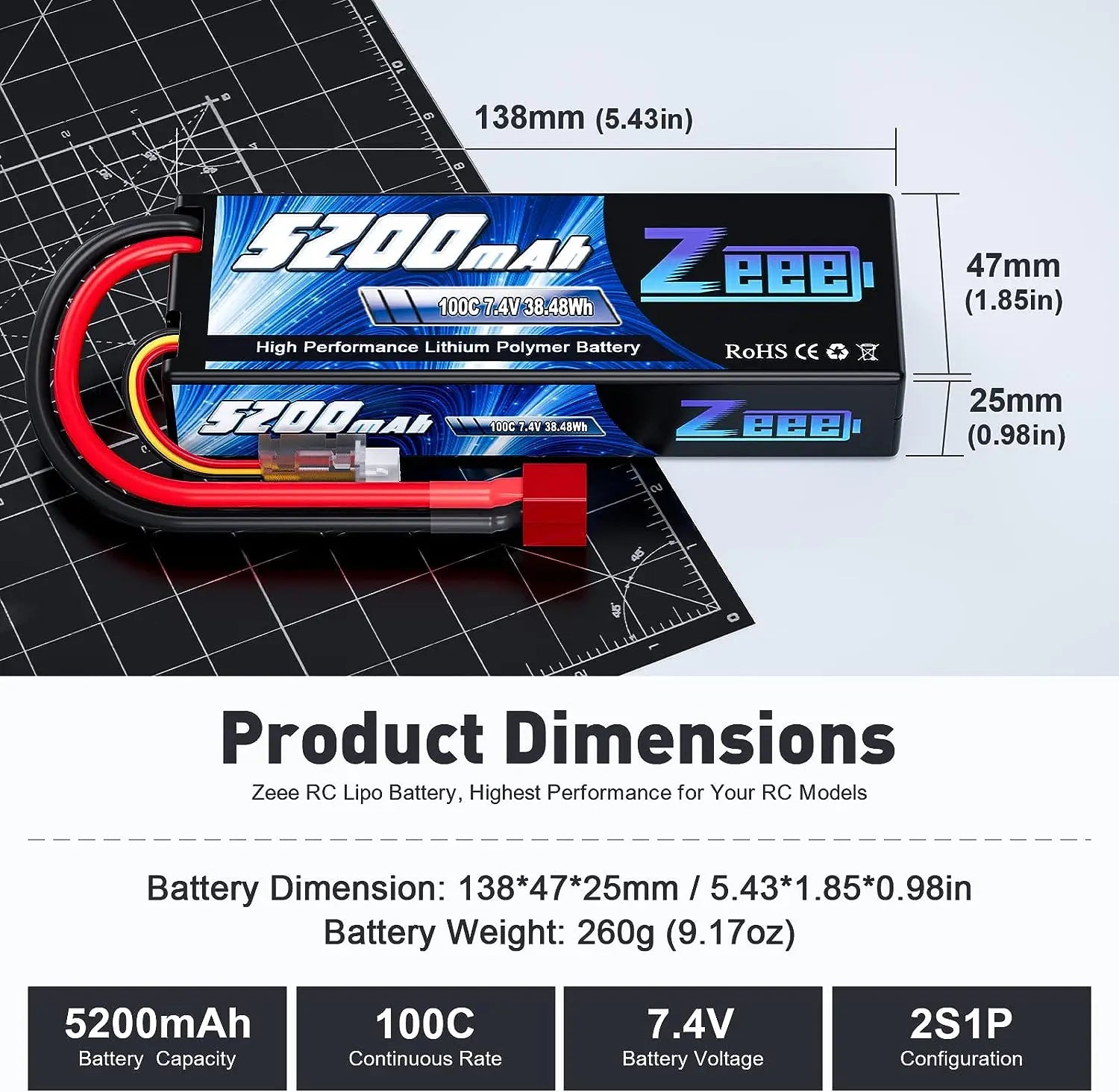1/2 Units Zeee Lipo Battery 2S 7.4V 100C 5200mAh with Deans Connector for RC Car Truck Vehicle Buggy Losi RC Racing Models Parts